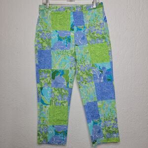 VTG Lilly Pulitzer Patchwork Floral Zoo Cotton Cropped Capri Pants Blue Green✨️8
